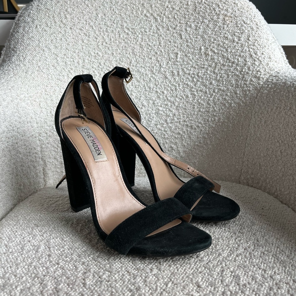 Steve Madden Ankle Strap Black Suede Heels